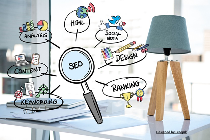 Magnifying glass with SEO concepts.